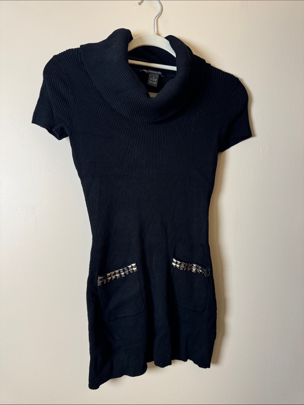 INC International Concepts Black Ribbed Short Sleeve Cowl Neck Mini Dress